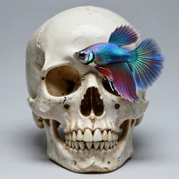 3 d close - up swirly broken in to pieces fractured iridescent human skull betta fish, highly detailed. by wlop, tooth wu, greg rutkowski, alena aenami, beeple