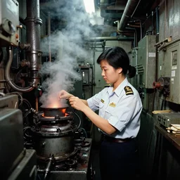 1 9 8 8 photo of : in the kowloon walled city, a young attractive uniformed female engineer is repairing equipment in the narrow cramped dense furnace - room. the room is full of hot steaming industrial machinery, and is greasy and dirty. full - color professional journalistic photography from time magazine.