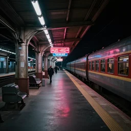 train station in space, nostalgic atmosphere, photo, neon lights
