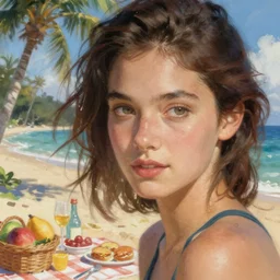 woman in a swimsuit having a picnic on a tropical beach, finely illustrated face, intricately detailed features, digital painting, makoto shinkai, painted by ilya kuvshinov and ross tran and artgerm and alphonse mucha