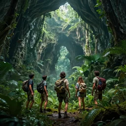a group of explorers in the overgrown jungle in a large alien cave, surreal photography zzz, cinematic dramatic light, by victo ngai by james jean, by rossdraws, frank franzzeta, mcbess