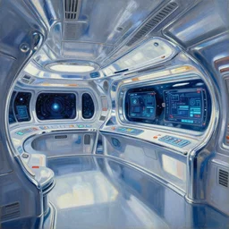 a still life painting of a star trek starfaring spaceship interior, bright and chrome retrofuturistic 5 0 s, perspective from the side. futuristic touchscreens. in the style of noriyoshi ohrai and syd mead