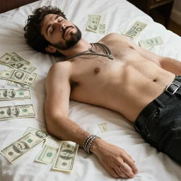 a man with jewelry lying on a bed made of dollars