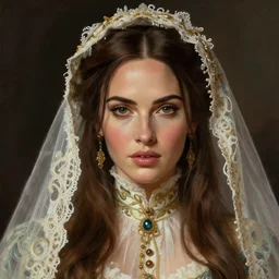 portrait of megan fox in victorian dress, 1 8 9 0, veil, intricate, headshot, highly detailed, digital painting, artstation, concept art, sharp focus, cinematic lighting, illustration, art by artgerm and greg rutkowski, alphonse mucha, cgsociety