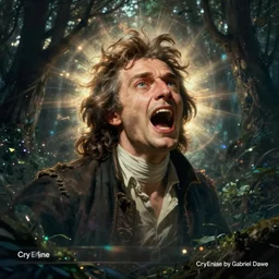 A beautiful painting of a man\'s head is floating in the air, surrounded by a halo of light. His eyes are wide open and his mouth is gaping in a scream. His hair is wild and his clothes are in tatters. Behind him is a dark, ominous forest. iridescent, field of view, CryEngine by Gabriel Dawe, by Albert Bierstadt ✨, postprocessing