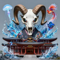 3 d chapel space frontal portrait with ram skull. beautiful intricately detailed japanese crow kitsune mask and clasical japanese kimono. betta fish, jellyfish phoenix, bio luminescent, plasma, ice, water, wind, creature, artwork by tooth wu and wlop and beeple and greg rutkowski