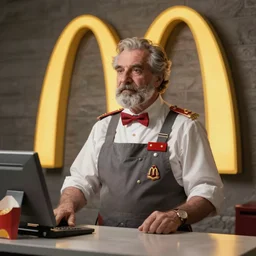 Miklos Horthy as a McDonalds cashier, detailed, realistic