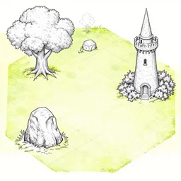ground, tree, rock and wizard tower, on a game tileset, lineart
