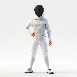 confident fencer in white gear, stylized pixar-style 3d render, full body, standing, isolated on a pure white background, centered, whole figure in frame, sharp focus, studio lighting