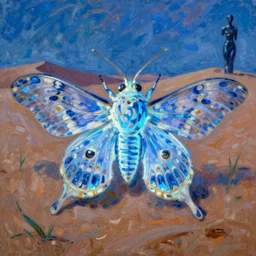 close up of the glowing moth man of the namibian desert. a symphony in blue and white. painting be henri rousseau, henri moore, yves yanguy, monet