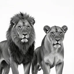 lion and lioness black and white portrait white sky in background