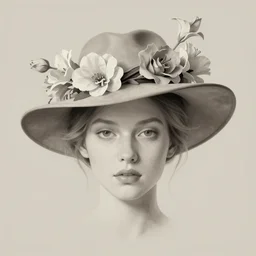 a head, neutral palette, 1 9 3 0 style, it is wearing a hat with flowes, vogue cover style, greg rutkowski style