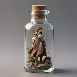 fantasy scenes inside a small glass bottle, character design, realistic, unreal engine 5, trending on artstation, Fantasy style, object , high detail