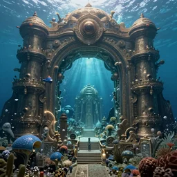 highly detailed underwater atlantis with a portal opening to another dimension.