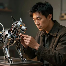 an intricate concept art of an asian man testing his mechanical pet invention, hyper detail, artstation, cgsociety, photo - realistic, style by ivan talavera and artgerm, octane render