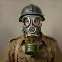 a portrait painting of a world war 1 british soldier wearing gasmask, detailed, in the style of greg rutkowski