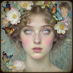 a beautiful young lady with huge bright silver eyes, background of flowers and butterflies, daguerreotype by pontormo, by gustave moreau, by Mackintosh, by schiele, art noveau, highly detailed, strong lights, liminal, eerie, Bright pastel colors
