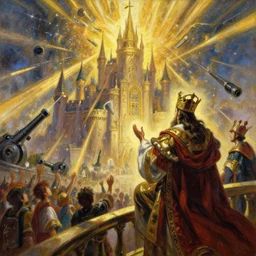 baroque oil painting of anime key visual concept art of king addressing nation from balcony as artillery rains down from above, golden rays, fantasy european castle, trending on artstation, palette knife and brush strokes, oil on canvas, style of makoto shinkai greg rutkowski studio ghibli genshin impact