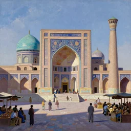 market in old samarkand, pastel painting, by rene magritte