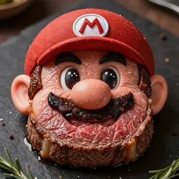 A perfectly cooked medium rare steak with the shape of Mario Bros face, food photography, 35mm, macro