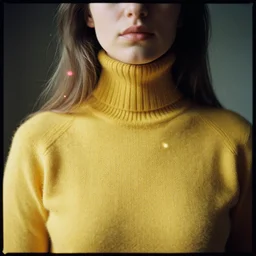 A Hyper realistic and detailed portrait photography by Mark Mann of a woman wearing a yellow knitted turtleneck sweater. Long hair. Agfa Vista 400 film. Detailed. Depth of field. lens flare. moody. cinematic. warm light. realistic. expired film.