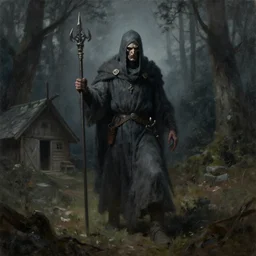 painting of undead wight warrior, forest and cabin, muted colors, night scene, by brom