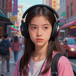 young slender girl with headphones in densely packed city street, multicolored, Ralph Bakshi