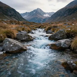 fresh water stream with mountain range in the background, highly detailed, 4k, HDR, award-winning, octane render, artstation