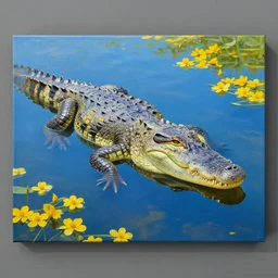painting of a crocodile in a blue lake with yellow flowers floating, professional photography