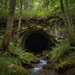 cave entrance surrounded by trees with a small water stream coming out of it, fantasy, highly detailed, art by greg rutkowski