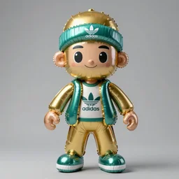 accurate detailed pvc inflatable gold & teal colored balloon action figure fashion god, full body, futuristic, concept art, character only, detailed art, adidas streetwear, figurine!!!, studio lighting, grey background, no shadow, trending on artstation, 4 k, sharp, highly - detailed, focus on face!!!