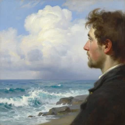 a beautiful painting of a closeup of a man looking in the distance towards an ocean above the clouds, waves crashing at rocks, airy theme, breathtaking clouds, volumetric fog, by asher brown durand and rembrandt, featured on artstation, vertical orientation, perfect composition, work of art