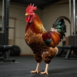 a very muscular rooster in a gym, 4 k, highly detailed, photography, cinematic lighting, uplifting, sports magazine style