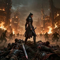 a lone warrior, standing atop a pile of corpses, his / her sword dripping with blood. in the background is a burning city, with people screaming and running in every direction, intricate, glowing lights, highly detailed, sharp focus, fantasy action movie,