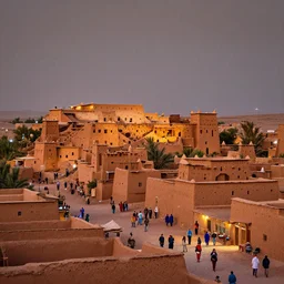 in the middle of a adobe house kasbah town, mud and brick houses, merchant street, pueblo architecture, colorful crowd. Scenic view at night, underexposed, clean horizon, matte painting by raphael lacoste and marc simonetti and ruan jia, trending on artstation