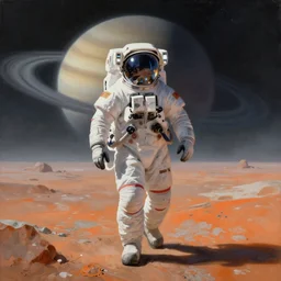 an epic portrait of a futuristic solitary astronaut walking along the muted orange icy surface of Titan, Saturn is visible through the haze, reflective visor, unreal 5, DAZ, detailed, soft focus, brilliant, 4k, 8k, HD, trending on artstation, art by Rick Guidice painting by Robert McCall by John Harris, abstract
