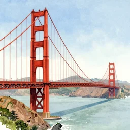 the golden gate bridge, colorful watercolor, inspired by rembrandt and alphonse mucha, art nouveau