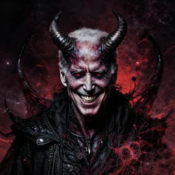 dark demonic Joe Biden grinning emperor of the world, high contrast with devil horns, cosmic horror, abstract, masterpiece, trending on ArtStation, by Greg Rutkovski and by Craig Mullins and by David Cronenberg and by Ismail Inceoglu