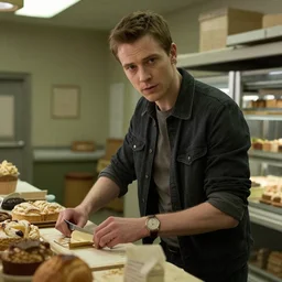 film still of young hugo weaving as agent smith working in a bakery in the new matrix movie, 4 k