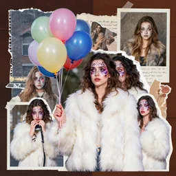 mixed media collage of a woman with face paint, wearing a white fur coat, holding balloons