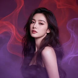 portrait of the most beautiful woman in the world, dreamy background with red and violet wisps around her