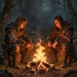 two people : the stalker and the wither are sitting by the fire, highly detailed, d & d, fantasy, highly detailed, digital painting, trending on artstation, concept art, sharp focus, illustration, global illumination, ray tracing, realistic shaded, art by artgerm and greg rutkowski and fuji choko and viktoria gavrilenko and hoang lap