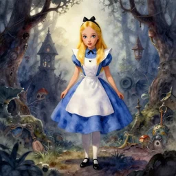 alice in wonderland 3 d watercolor illustration, mistic atmosphere, scarry, octane render, intricate, hyper detailed, morning light, well rendered