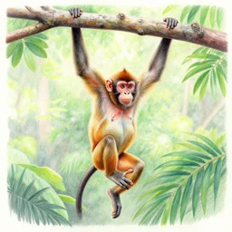 Colored pencil art on paper, Monkey Swinging from jungle branches, highly detailed, artstation, MasterPiece, Award-Winning, Caran d'Ache Luminance