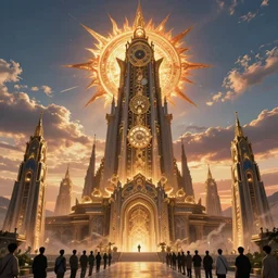 Intricate ornate bold Clockwork GodMaker Temple Cinematic Luminist Dynamic Environmental and Architectural Concept art Colossal Eldritch Sun Gateway Masterwork Towering Sunset Wide Angle Depth by Thomas Scholes, Ruan Jia, Craig Mullins, Liang Mark, G Liulian, Greg Rutkowski, Simon Stalenhag, Finnian MacManus, Eddie Mendoza Featured on ArtStation and Iamag
