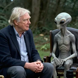 david attenborough seated across from an extraterrestrial grey alien interview still from television documentary