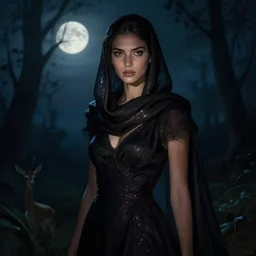 lush 3 d portrait in mysterious femininity, ethnic, clear eyes, statuesque, gazelle - like, confident realistic face, radiant skin, dark gown and scarf, svelte fashion design, bathed in moonlight, chiaroscuro, impressionism, midnight, natural color scheme, silhouette, glint highlights, deep rich hues, illustration