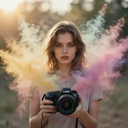 portrait photography of a beautiful woman surrounded by colored smoke and powder explosions byanka zhuravleva and ary scheffer. vogue. kodak portra. ( depth of field ). bokeh!. golden hour. detailed. hq. realistic. muted colors. lens flare. canon eos r 3, f / 1. 2, 8 k, raw, symmetrical balance, in - frame