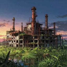 a beautiful photorealistic anime illustration of swamp architecture nature abandoned industrial architecture unfinished building city by shigeru ban, earth nightsky sunset, archdaily, wallpaper, highly detailed, trending on artstation.