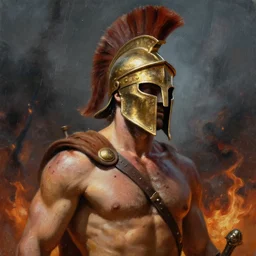 realistic oil painting leonidas 3 0 0 spartan zack snyder gold copper helmet battle scarred artwork battle epic proportions background dark skies raining fire